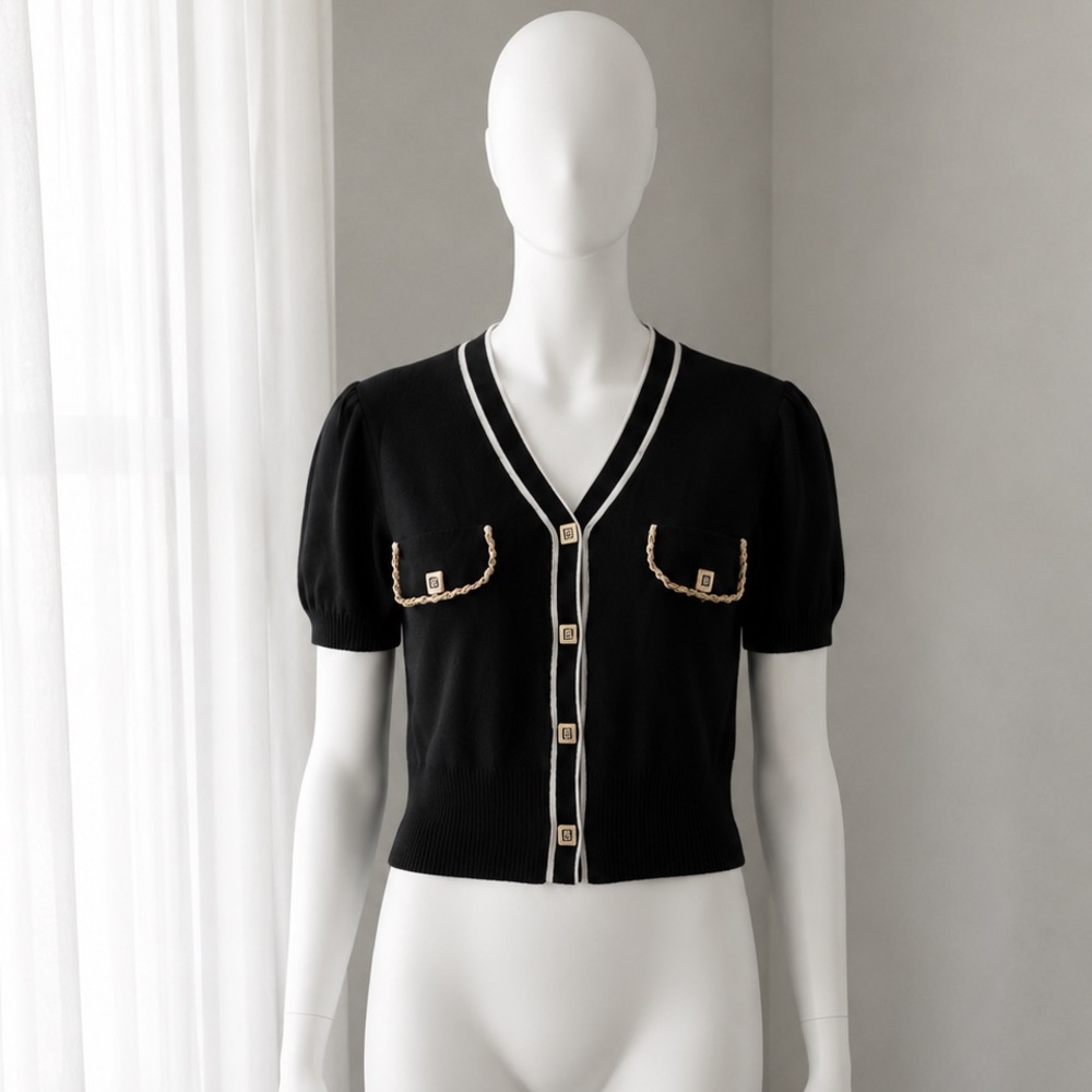 Vintage 90s Black Knit v-neck Cardigan White Trim Gold Chain Detail Crop SMALL